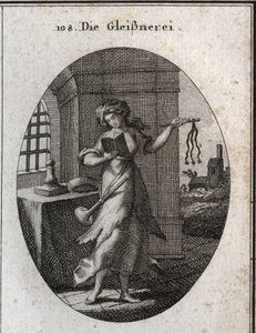 Allegorie van hypocrisie die een gebedenboek en discipline (roede, zweep) vasthoudt. De trompet die ze op haar schouder heeft markeert dat ze haar goede werken met nadruk publiceert. Gravure in 