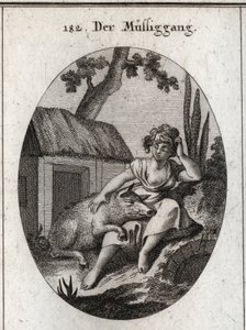 Allegorie van luiheid afgebeeld door een half slapende vrouw die met één hand haar hoofd krabt en met de andere rust op een varken dat op haar knieën slaapt. Gravure in 