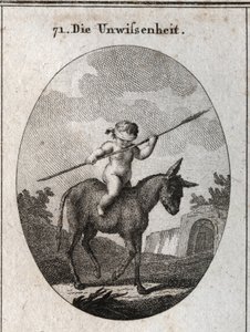 Allegorie van onwetendheid voorgesteld door een kind dat op een ezel rijdt, zijn ogen bedekt met een rietstok (symbool van de lege hersenen). Gravure in 