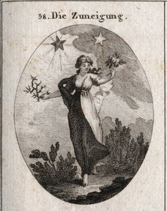 Allegorie van neiging. Ze houdt een boeket rozen en een boeket doornen vast en kijkt besluiteloos naar haar keuze. Achter haar is een heldere en gunstige ster (die van Jupiter) en een donkere en schadelijke ster (die van Saturnus). Gravure in 