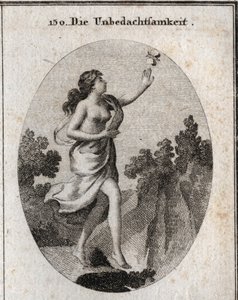 Allegorie van onbezonnenheid. Ze loopt terwijl ze naar een vlinder kijkt zonder te zien dat er een afgrond aan haar voeten is. De passer en de regels tonen aan dat ze geen enkele maat kent of houdt. Gravure in 