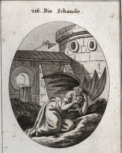 Allegorie van schande die het gezicht met de handen bedekt en haar attributen zijn twee grote zwarte vleermuisvleugels. Gravure in "Iconologie oder Ideen aus dem Gebiete der Leidenschaften und Allegorien bildich dargestellt fur Zeichner, Mahler, Dichter, G