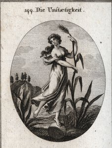 Allegorie van instabiliteit door de wind. Ze leunt met beide handen op een fragiele rietstengel en staat met slechts één voet op een bal. Gravure in 