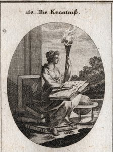Allegorie van kennis gebaseerd op verschillende volumes van auteurs met een boek open op hun knieën. De fakkel verwijst naar het licht dat het in zielen verspreidt. Gravure in 