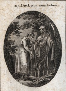 Allegorie van liefde voor het leven. Een oude vrouw roept de dood om haar te helpen haar houten klompen op haar hoofd te zetten. Gravure in "Iconologie oder Ideen aus dem Gebiete der Leidenschaften und Allegorien bildich dargestellt fur Zeichner, Mahler, D