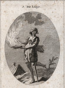 Allegorie van leugen voorgesteld door een lelijke vrouw met slecht haar en slechte kleding. Haar kleding is gevuld met tongen en maskers. Het brandende stro illustreert het gebrek aan substantie van haar woorden en het houten been, de geringe soliditeit. G