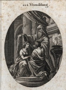 Allegorie van het huwelijk: de priester gooit de gal van de dieren achter het altaar om te laten zien dat er geen bitterheid is bij het huwelijk. Gravure in "Iconologie oder Ideen aus dem Gebiete der Leidenschaften und Allegorien bildich dargestellt fur Ze door Austrian School