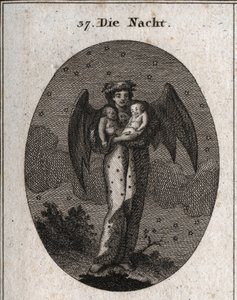 Allegorie van de nacht afgebeeld met vleermuisvleugels. Ze houdt twee slapende kinderen vast, een witte en een zwarte (droom en nachtmerrie). Gravure in 