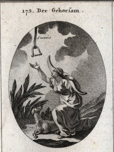 Allegorie van gehoorzaamheid. Ze houdt een juk op haar schouders en beweegt zich naar voren om een rem te ontvangen die uit de open hemel neerdaalt waarin het woord 