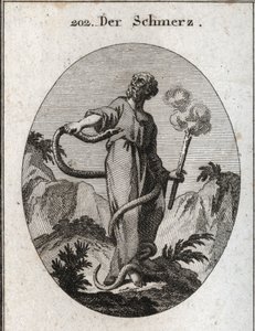 Allegorie van pijn. Een monsterlijke slang omringt hem die, nadat hij zijn voeten heeft gebonden, zijn lichaam bereikt en probeert zijn hart te bijten. Ze houdt een fakkel die nog steeds rookt, wat betekent dat pijn veroorzaakt door verlamming het vuur van door Austrian School