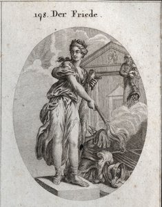 Allegorie van vrede. Ze draagt een krans van olijfbomen en houdt een knuppel vast terwijl ze met een fakkel een trofee van wapens verbrandt. Daarachter betekent het standbeeld van Plutus dat overvloed en rijkdom haar voordelen zijn. Gravure in "Iconologie 