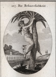 Allegorie van volharding. De palmboom, waaraan een jong meisje is vastgebonden, is het symbool van deugd. Ze kijkt met minachting naar de aarde. Gravure in 