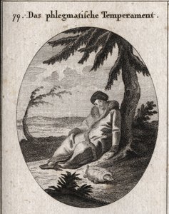 Allegorie van flegmatische teint. De schildpad is het attribuut van zijn traagheid. Gravure in 