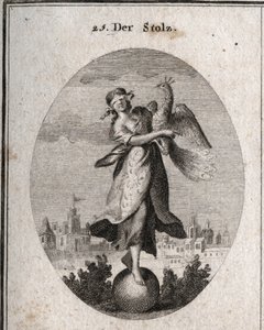 Allegorie van trots vertegenwoordigd door een jong meisje met een blinddoek geplaatst op een bal, symbool van haar weinig soliditeit. De pauw symboliseert de trotse geest. De rijke kleding bedekt haar arme kleren om de buitenkant te tonen. Gravure in Icono