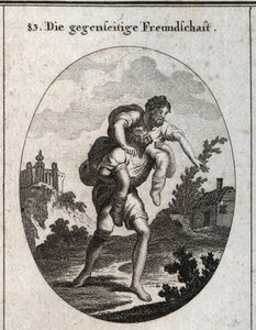 Allegorie van wederzijdse vriendschap. Een blinde man wordt de weg gewezen door de stem van een verminkte man op zijn schouders. Gravure in 