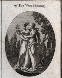Allegorie van verzoening gekarakteriseerd door twee vrouwen die elkaar kussen. De een houdt een olijftak vast, symbool van vrede, en de ander vertrapt een slang met menselijke gezichten, embleem van fraude en slechtheid. Gravure in 
