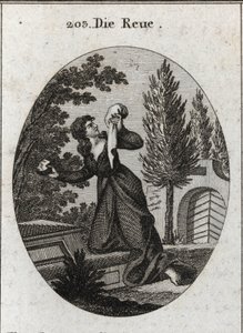 Allegorie van spijt, voorgesteld met een knie op een graf. Ze houdt in de ene hand een zakdoek en in de andere een steen waarmee ze haar borst slaat. Gravure in "Iconologie oder Ideen aus dem Gebiete der Leidenschaften und Allegorien bildich dargestellt fu door Austrian School