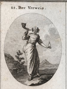 Allegorie van berisping. Ze leert een boek te klinken dat de onaangename klank van berispende woorden benadrukt, voorzichtig gemanipuleerd, zoals blijkt uit de menselijke taal die ze in de andere hand houdt. Gravure in 