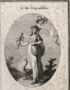 Allegorie van eigenliefde, voorgesteld als een jonge vrouw die een zak sluit die haar fouten symboliseert met een stok waarop de Griekse vertaling “Philautia” is gegraveerd. Attributen: de pauw die het wiel maakt en de narcisbloem. Gravure in “Iconologi