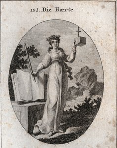 Allegorie van strengheid gekroond met een eikentak, attribuut van kracht. Ze leunt op een wetboek en houdt een ijzeren staaf vast. De kubus waarin een dolk vertraagt, symboliseert haar nabijheid en haar onbuigzaamheid. Gravure in 