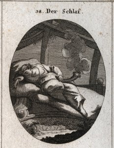 Allegorie van slaap. Gravure in "Iconologie oder Ideen aus dem Gebiete der Leidenschaften und Allegorien bildich dargestellt fur Zeichner, Mahler" door Austrian School