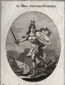 Allegorie van het IJzeren Tijdperk dat wordt gekenmerkt door geweld, slechte trouw en verraad. Van woeste verschijning, ze is gewapend met een helm in de vorm van een wolvenkop, houdt een zwaard en een schild waarop fraude en ondeugd zijn afgebeeld (zeemee