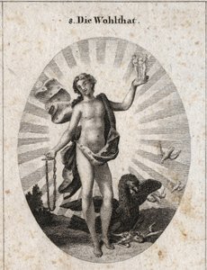 Allegorie van de zegen vertegenwoordigd door een knappe jongeman met een lachend gezicht. Zijn draperie is bezaaid met sterren en is omgeven door stralen van licht, met de ene hand houdt hij de gratiën vast en met de andere een gouden ketting. De adelaar b