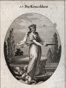 Allegorie van kuisheid met een kaneelkroon, een symbool van kuisheid bij de Egyptenaren, en een scherm gevuld met water dat verwijst naar de rechtvaardiging van een vestaalse maagd die haar kuisheid bewees. Ze weerhoudt een liefde onder haar voet