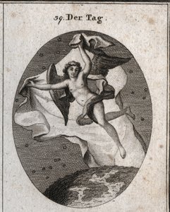 Allegorie van de dag die snel vliegt en de nacht en de sterren verbergt met een helder groot doek. Gravure in Iconologie oder Ideen aus dem Gebiete der Leidenschaften und Allegorien bildich dargestellt fur Zeichner, Mahler, Dichter, Gelehrte, Erzieher door Austrian School