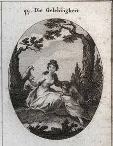 Allegorie van de volgzaamheid. Zijn attributen zijn de parkiet en de kleine hond vanwege hun gehoorzaamheid en verlangen om te behagen. Gravure in 