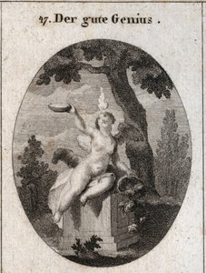 Allegorie van de gunstige geest onder de figuur van een gevleugeld kind met een kleine vlam op zijn hoofd, zittend op een altaar in de schaduw van een plataan. De hoorn des overvloeds betekent dat het mensen vult met zijn gunsten. De vader is een symbool v door Austrian School