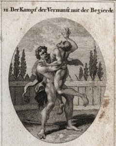 Allegorie van de strijd tussen rede en eetlust. De aardse en vleselijke eetlust wordt afgebeeld door Ante en Hercules (Heracles) symboliseert rede, kracht en moed die Ante wegneemt en verstikt. Gravure in 