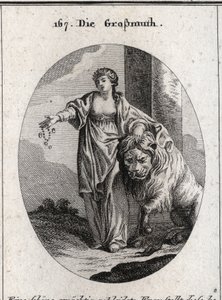 Allegorie van de generositeit met een gouden kroon op het hoofd en ontbloot bovenlijf, wijzend op de adel van gevoelens en oprechtheid van het hart. Ze presenteert juwelen en goud in de ene hand en de andere rust op een leeuw die vredig aan haar voeten lig door Austrian School