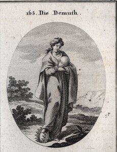 Allegorie van nederigheid. Onder haar voet een gouden kroon verrijkt met edelstenen. Ze veracht een bal die de aarde voorstelt waarvan ze de grootheid mist. Gravure in 