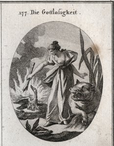 Allegorie van goddeloosheid. Gravure in "Iconologie oder Ideen aus dem Gebiete der Leidenschaften und Allegorien bildich dargestellt fur Zeichner, Mahler" door Austrian School