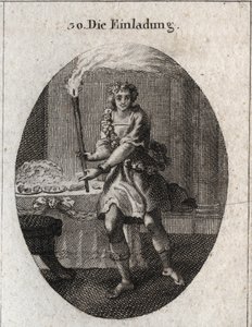 Allegorie van de uitnodiging als een jonge man met een lachend gezicht die uitnodigt aan een tafel bedekt met gerechten. De fakkel die hij vasthoudt is het attribuut van Comus, god van feesten en nachtelijke partijen. Gravure in 