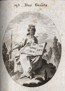 Allegorie van de wet. Haar stralende diadeem markeert haar goddelijke oorsprong. De scepter duidt op haar autoriteit en het boek is open of erop staat 