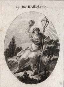 Allegorie van loyaliteit (of oprechtheid) die een masker weggooit dat het attribuut is van schijn en leugen. Het embleem is een kristallen lantaarn, symbool van de bliksem. Een hart is op zijn borst getekend. door Austrian School