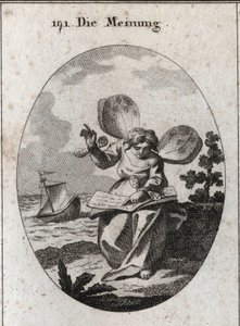 Allegorie van de mening afgebeeld lezend een boek waarvan ze lijkt voorstellen te ondersteunen. Vlindervleugels op de schouders en polsen markeren de instabiliteit van mensen in hun meningen. Diep in de achtergrond wordt een schip door de golven geslagen, 