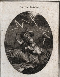Allegorie van het gevaar, voorgesteld door een jonge man die ontsnapt aan een snelle stroom door op een slang te stappen die hem steekt en tegelijkertijd een bliksemflits achter hem. Gravure in “Iconologie oder Ideen aus dem Gebiete der Leidenschaften und 