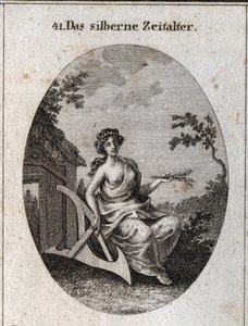 Allegorie van het zilveren tijdperk met een handvat van aren om het land te bewerken en hout om hutten te maken. Gravure in Iconologie oder Ideen aus dem Gebiete der Leidenschaften und Allegorien bildich dargestellt fur Zeichner, Mahler, Dichter, Gelehrte