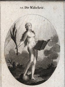 Allegorie van de waarheid, naakt zonder kunstgrepen en natuurlijke uitstraling kijkt naar het licht van de zon. De palm symboliseert de triomf van fraude en het boek vertegenwoordigt studie. Gravure in “Iconologie oder Ideen aus dem Gebiete der Leidenschaf