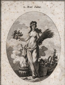 Allegorie van het jaar omringd door symbolen van de vier seizoenen (bloemenkrans voor de lente, tarwekrans voor de zomer, mand met fruit voor de herfst en vaas met vuur voor de winter). Het jaar is half ontkleed in verwijzing naar de graden van warmte en k