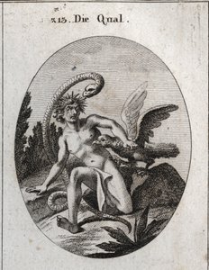 Allegorie van kwelling. Haar hoofd omgeven door doornen betekent kwellingen van de geest. De slang zegt dat de angst voor het gevaar het formidabeler maakt. Een gier eet zijn hart. Gravure in 