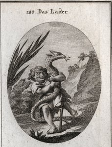 Allegorie van ondeugd voorgesteld door een dwerg die een hydra uitwringt. Gravure in 