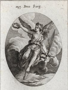 Allegorie van overwinning. Ze heeft vleugels en houdt een palm en een lauwerkrans vast. Gravure in "Iconologie oder Ideen aus dem Gebiete der Leidenschaften und Allegorien bildich dargestellt fur Zeichner, Mahler, Dichter, Gelehrte, Erzieher und freunde Ho door Austrian School