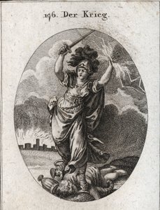 Allegorie van oorlog. Ze houdt een bliksem en een naakt zwaard vast en breekt onder haar voeten gouden en zilveren vazen en een standbeeld van de god Plutus dat wordt gesymboliseerd door een hoorn van overvloed en een blinddoek. Onderaan de muren van een v door Austrian School