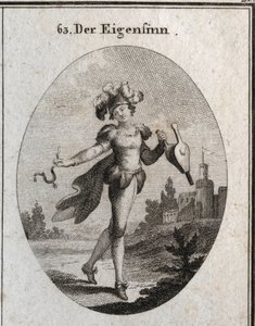 Allegorie van gril. Zijn kostuum en veren markeren de wispelturigheid van de grillen van de grillige. De blaasbalg en de spoor die hij vasthoudt, tonen aan dat hij zowel deugd als ondeugd prijst.