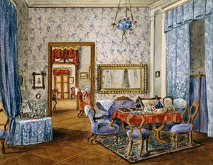 Slaapkamer in Biedermeier-stijl, circa 1830, aquarel, Oostenrijk
