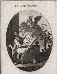 Allegorie van krediet die een boek vasthoudt met de inscriptie 